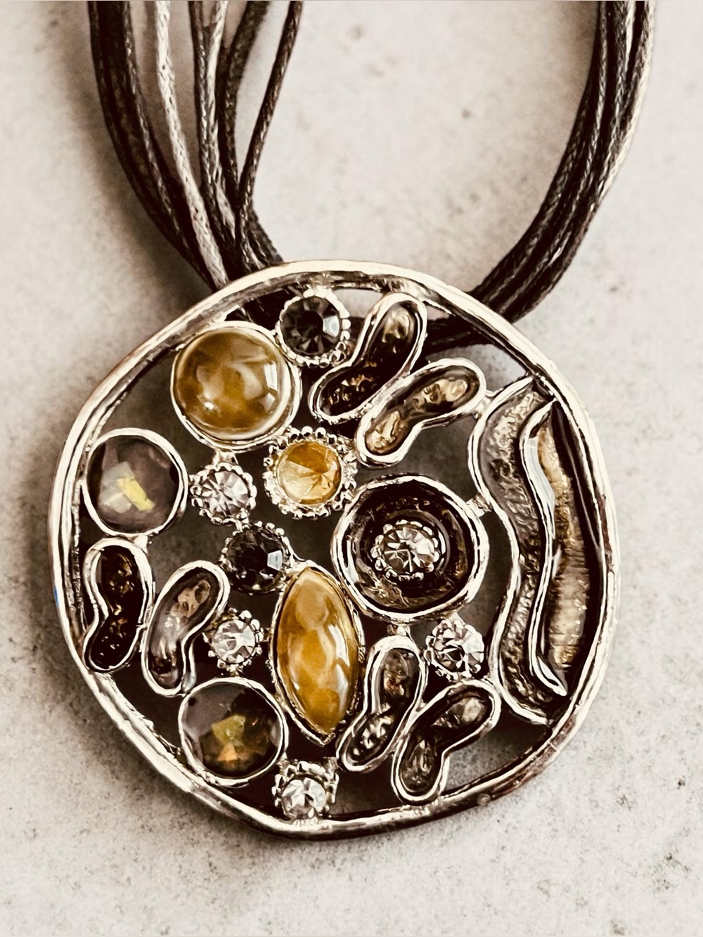 Silver Metal  Pendant Necklace with Amber Accents | 8 inches | Preowned